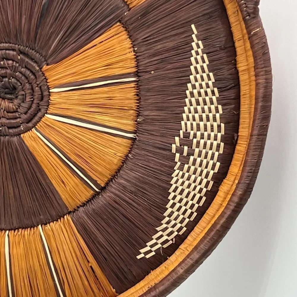 Vintage Basket Hand Woven Tray Round Design Black Raffia Natural Grass 12” Wall